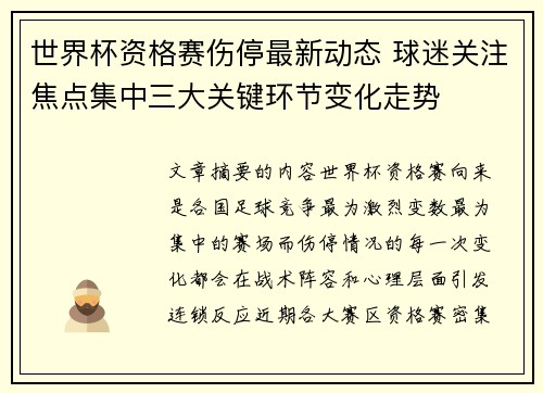 世界杯资格赛伤停最新动态 球迷关注焦点集中三大关键环节变化走势