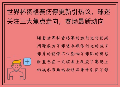 世界杯资格赛伤停更新引热议，球迷关注三大焦点走向，赛场最新动向